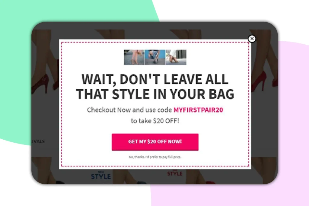 A screenshot of an exit-intent popup to avoid cart abandonment