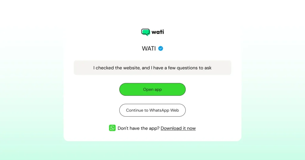Example of a website chat widget with options to open WhatsApp or WhatsApp Web for direct communication.