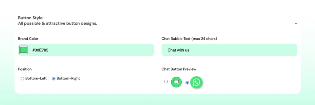 Editing button color, style, and placement while adding a WhatsApp chat button to a website.