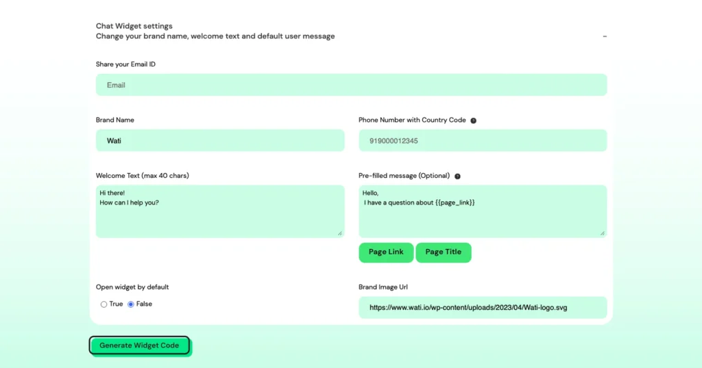 Wati’s dashboard showing personalization settings for a WhatsApp chat widget on a website.