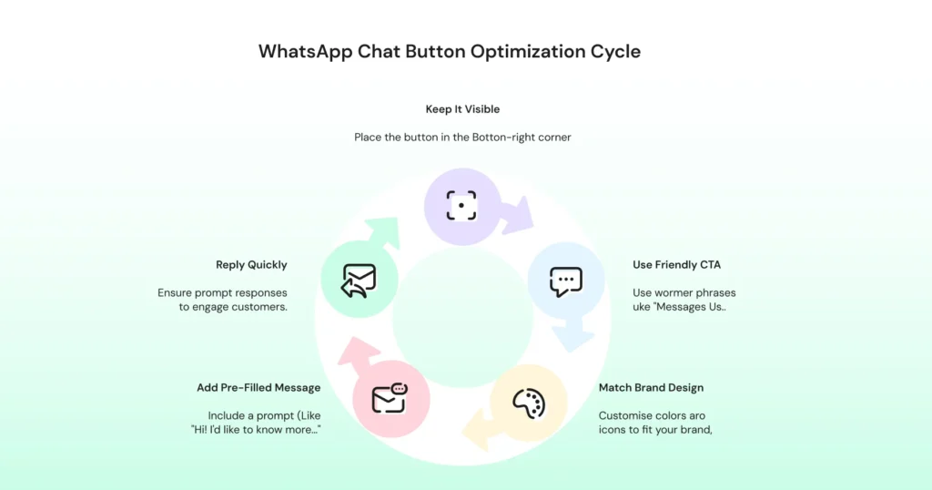 Infographic depicting the continuous optimization process of a WhatsApp chat button for website performance.