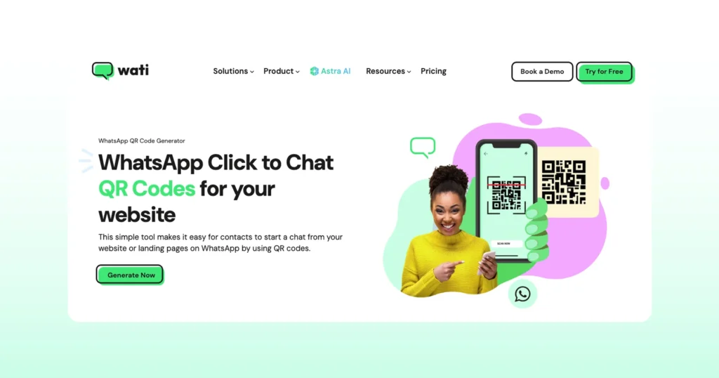 Free WhatsApp QR Code Generator by Wati that helps businesses generate scannable WhatsApp QR codes for their website or marketing campaigns.