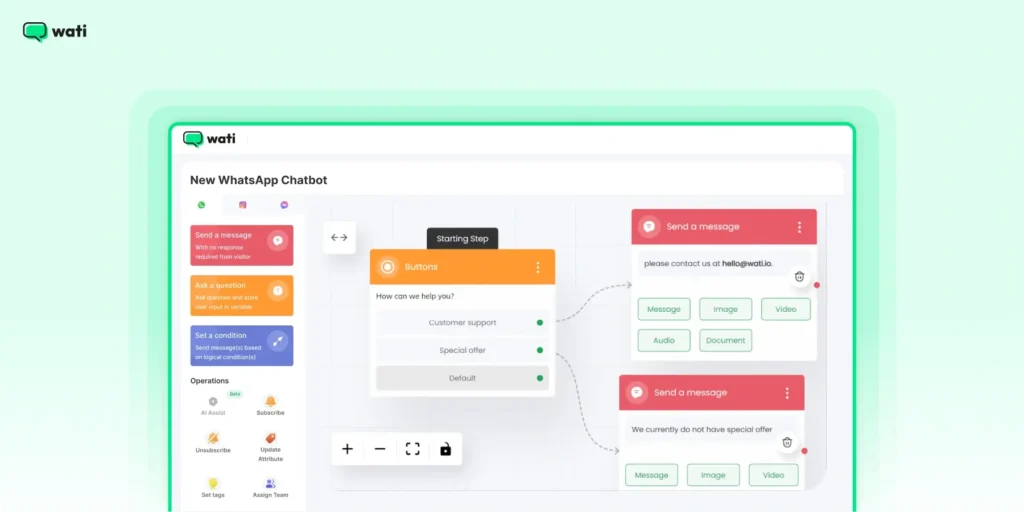Wati WhatsApp chatbot builder interface