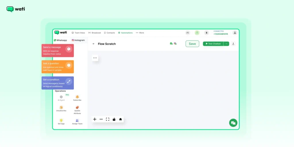Wati WhatsApp chatbot interface with drag-and-drop builder and node options for message, question, and condition setup