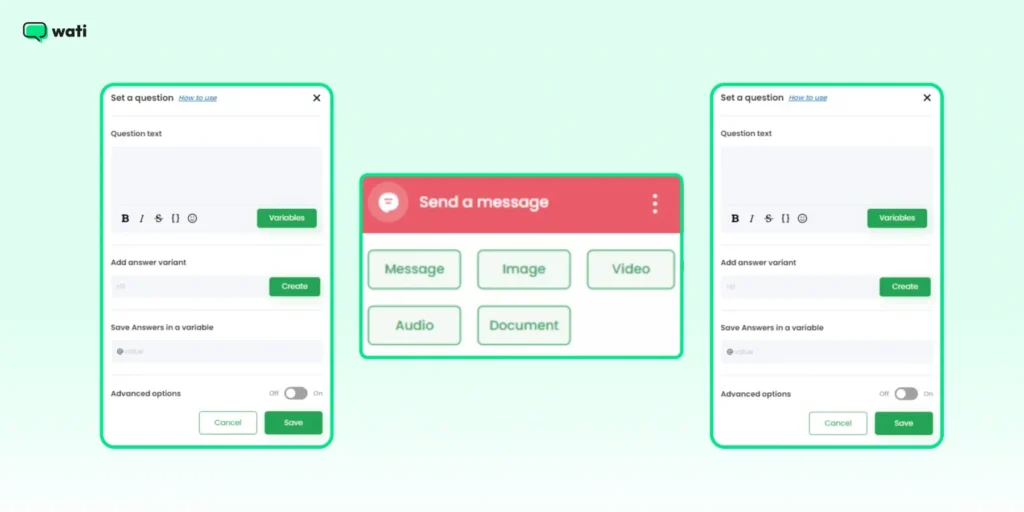 Wati chatbot editor showing message and question configuration settings for creating automated WhatsApp chat flows