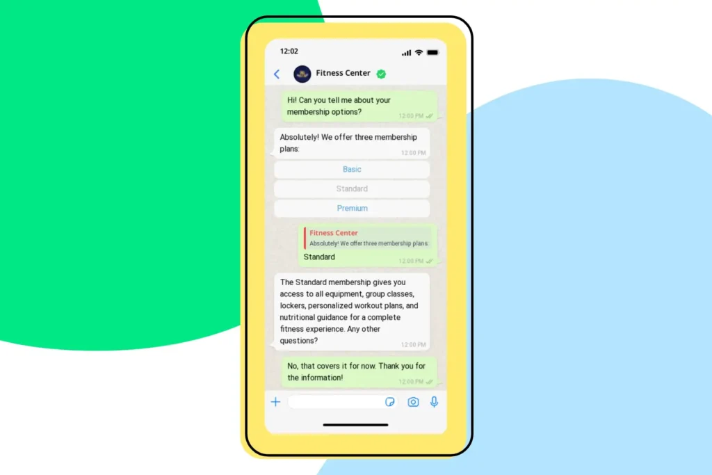 A screenshot showing how Fitness centers can use automated WhatsApp chatbots to answer FAQs.