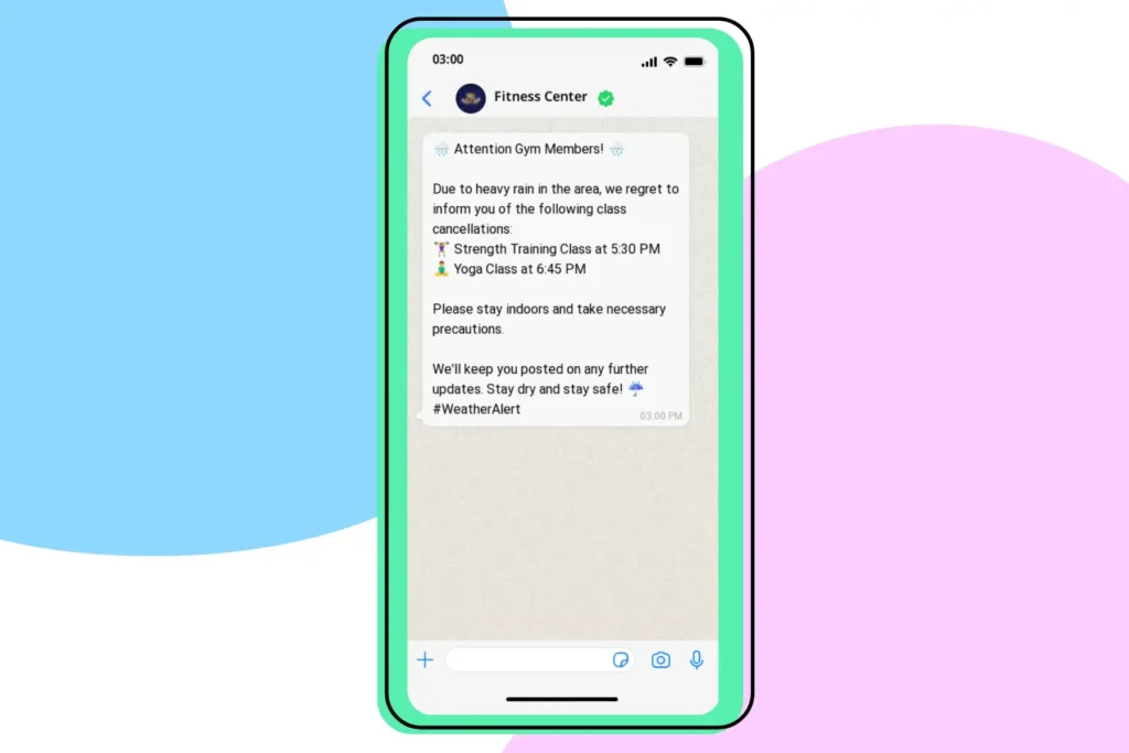 A screenshot showing how fitness centers can send alerts to their members through WhatsApp.