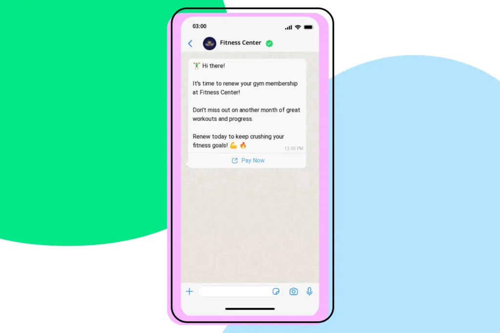 A screenshot showing how fitness centers can use WhatsApp to enable their customers to renew their membership.