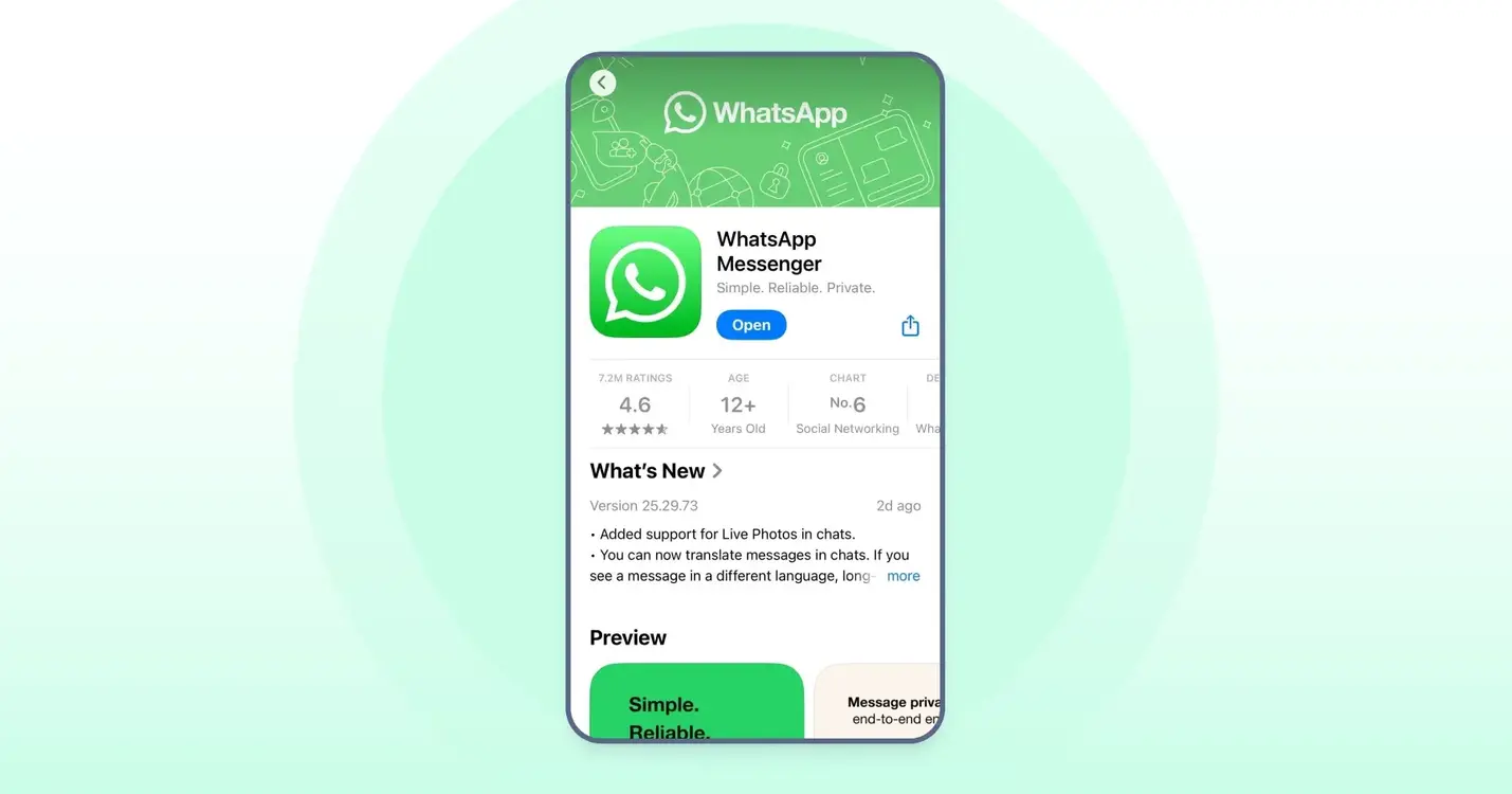 WhatsApp Messenger app page on Apple App Store showing latest version, update details, and rating
