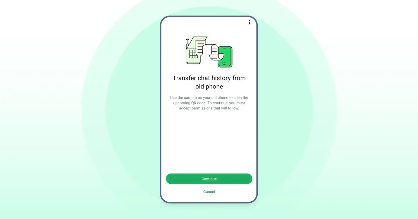 WhatsApp transfer chat history screen showing option to move chats from old phone by scanning QR code