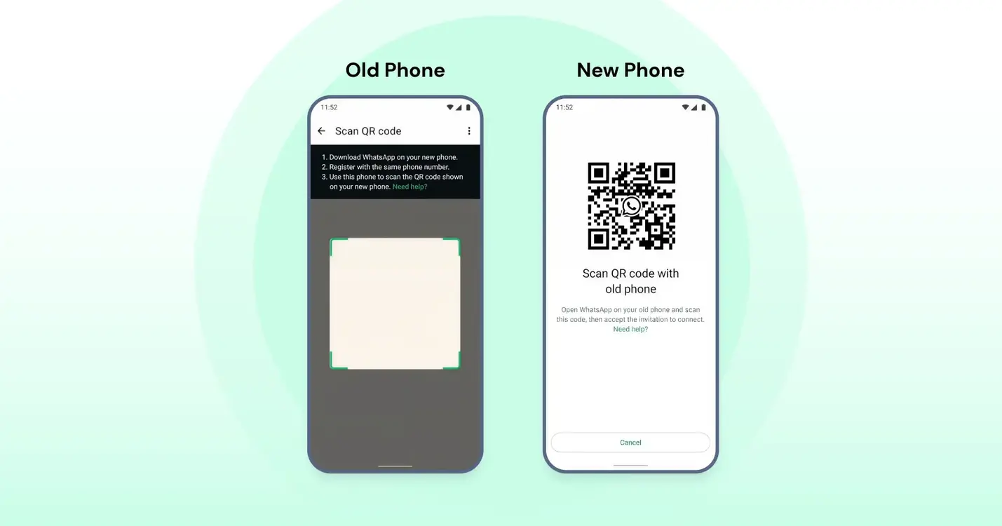 WhatsApp chat transfer process showing old phone scanning QR code on new phone to move chat history