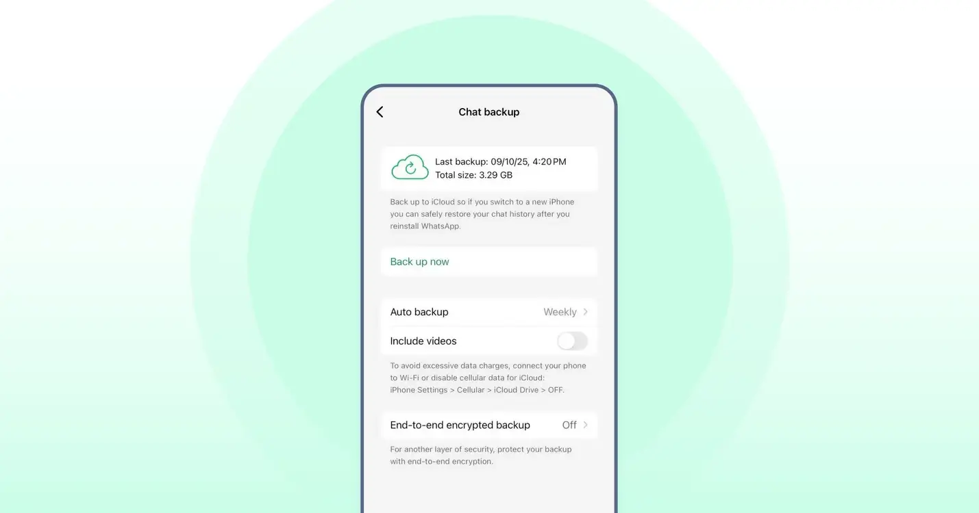 WhatsApp iPhone chat backup settings – iCloud backup option with auto backup feature