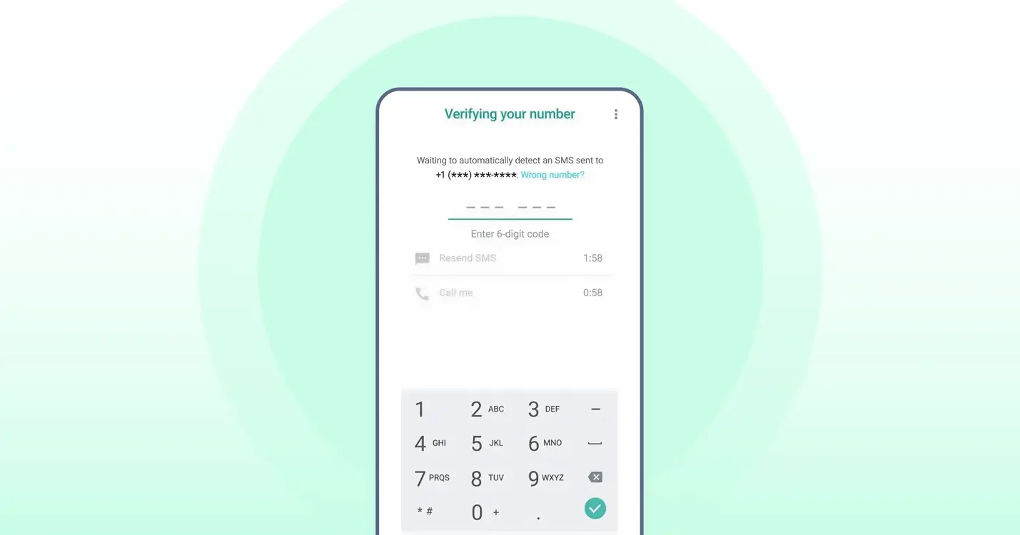 WhatsApp phone number verification screen showing six-digit code entry during account setup