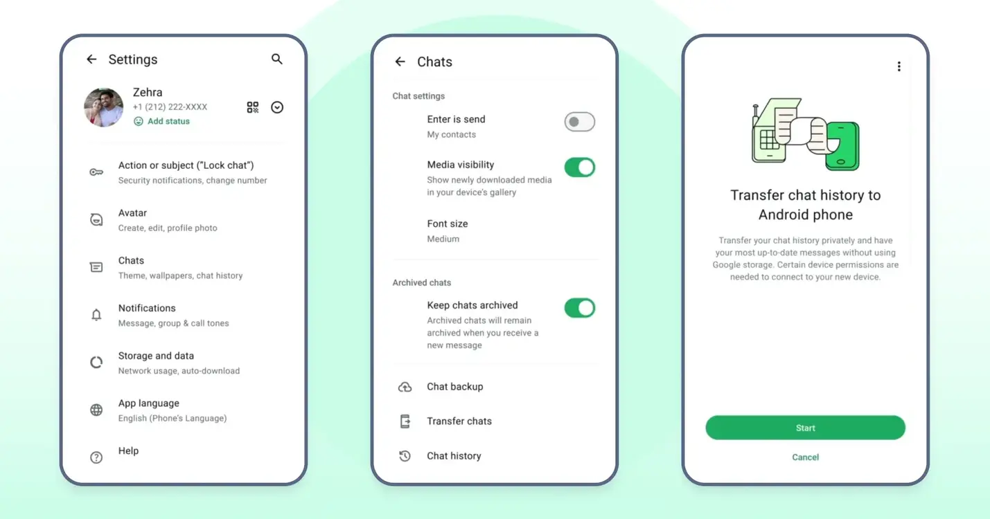WhatsApp chat transfer settings showing steps to transfer chat history to a new Android phone without Google Drive