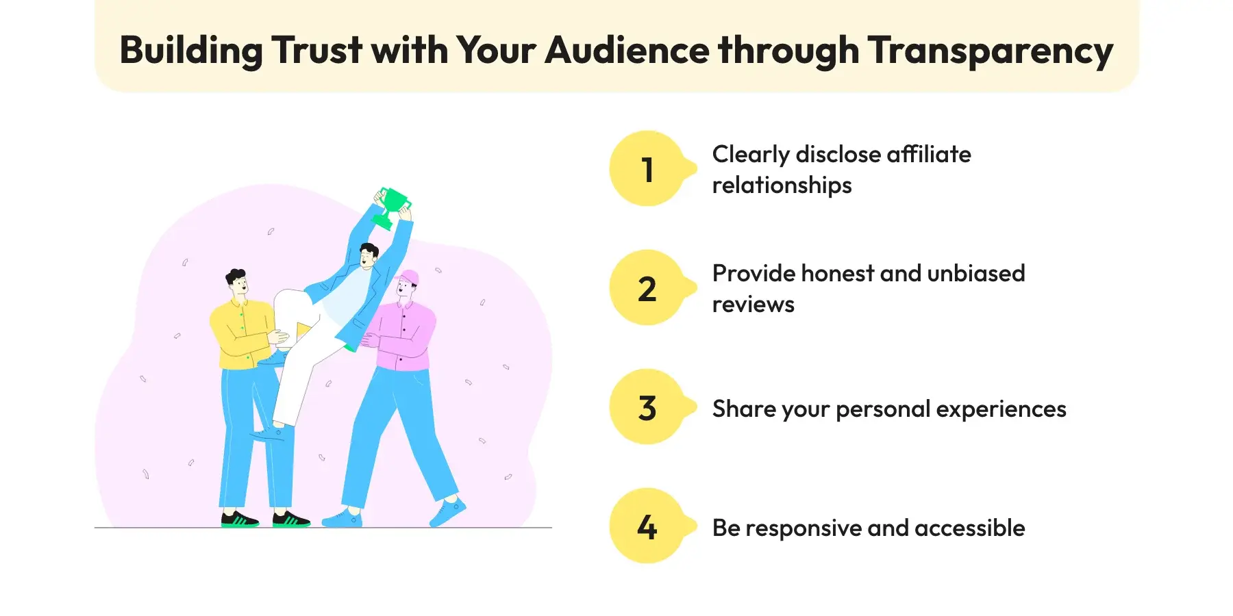 transparency, relationship, disclose, honest, unbiased, personal experiences, responsive, accessible, building trust with your audience, affiliate link promotion