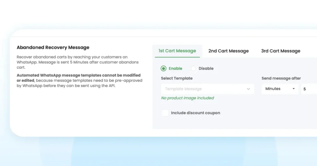 First abandoned cart recovery message on WhatsApp for Shopify, reminding the customer about pending items in their cart.