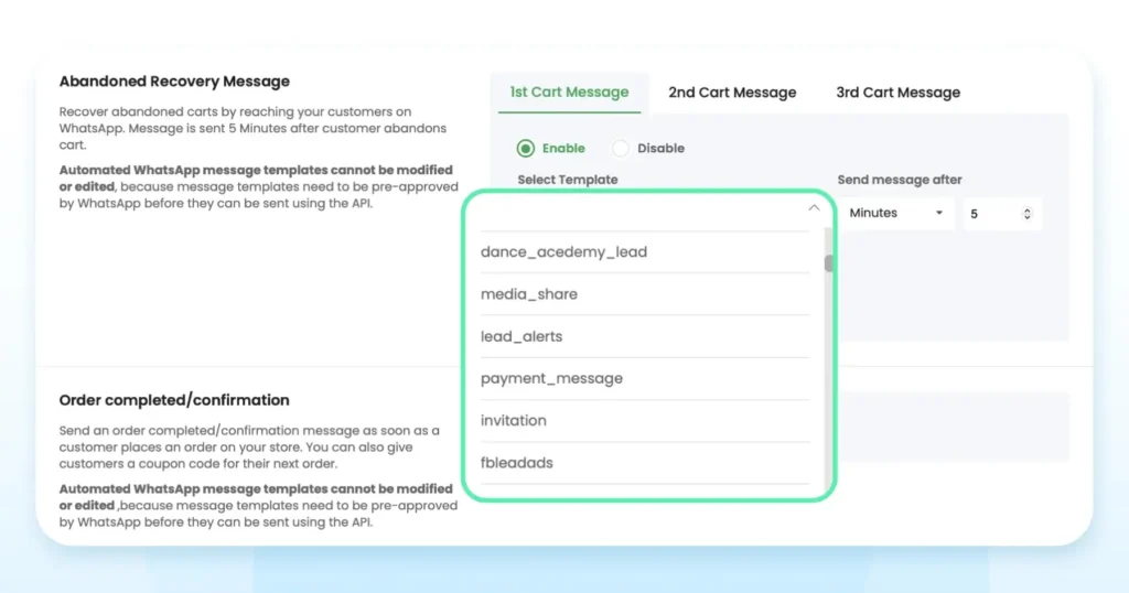 Selecting from pre-approved WhatsApp message templates for Shopify abandoned cart recovery inside Wati’s interface.