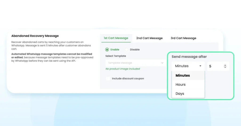 Scheduling the timing for Shopify abandoned cart recovery messages, showing message delay options and triggers.