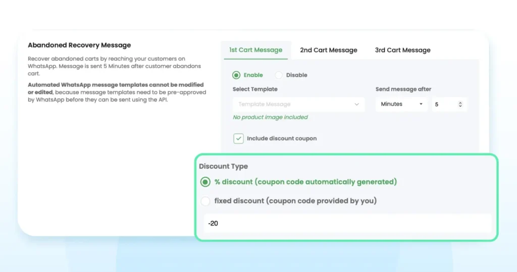 Adding a custom discount coupon to the Shopify abandoned cart recovery WhatsApp message to boost conversion rates.
