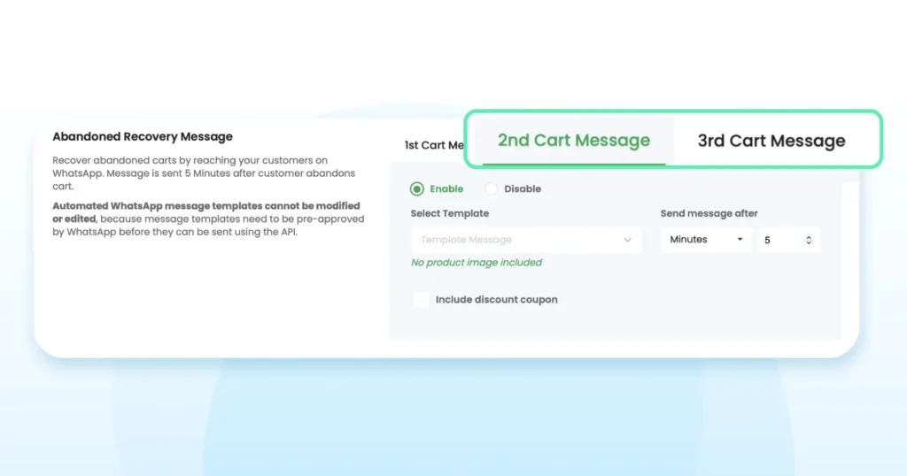 Second follow-up WhatsApp message for Shopify cart recovery, offering a reminder and exclusive discount to the customer.