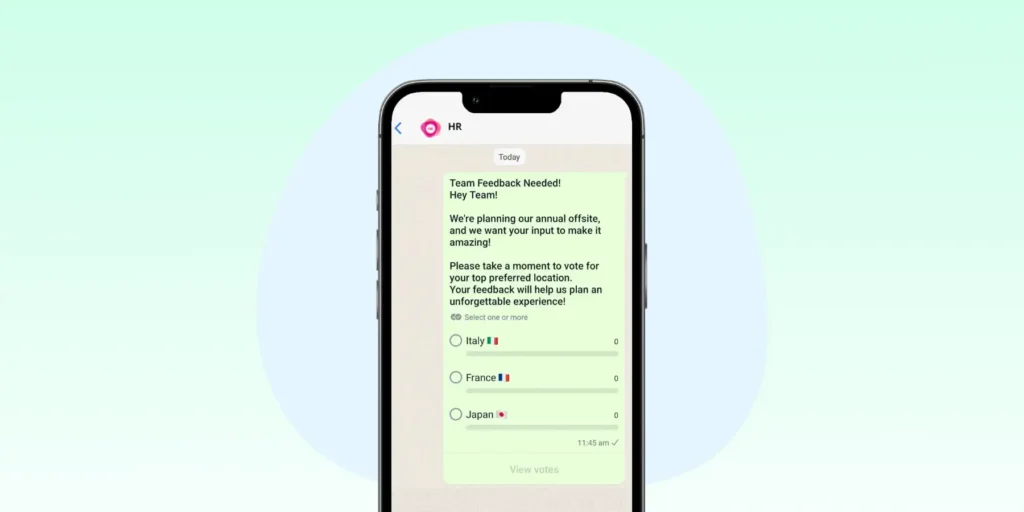 Screenshot of a WhatsApp Poll where HR is asking the team about their annual offsite destination.