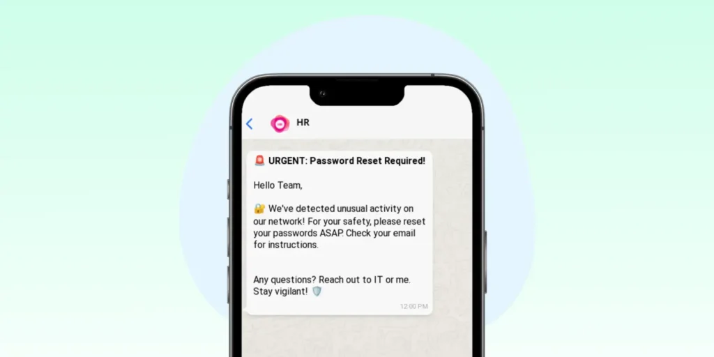 Screenshot of a WhatsApp message where HR has sent an alert for everyone to reset their passwords
