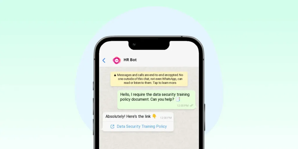 A screenshot of a WhatsApp conversation where the HR Bot is providing the document link of data security training policy