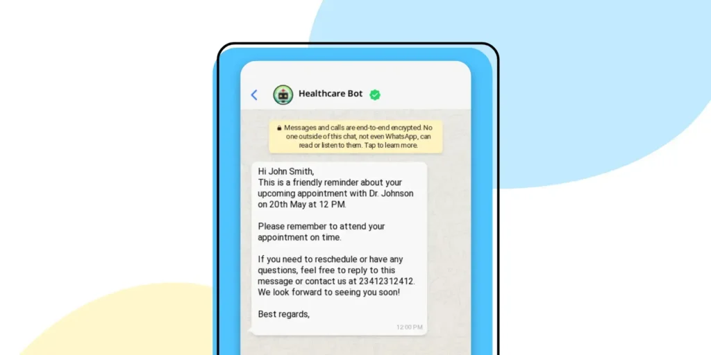 Screenshot of a healthcare bot sending a appointment reminder