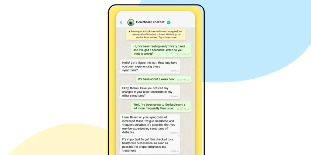 Screenshot of a WhatsApp bot evaluating symptoms for diagnosis