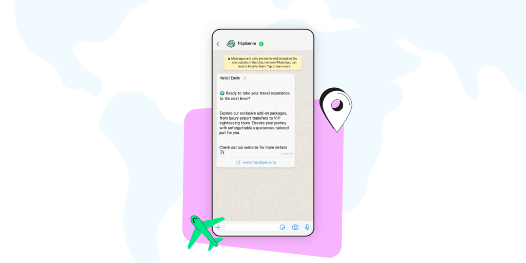 WhatsApp message where the travel agency is cross-selling their products to the customer.