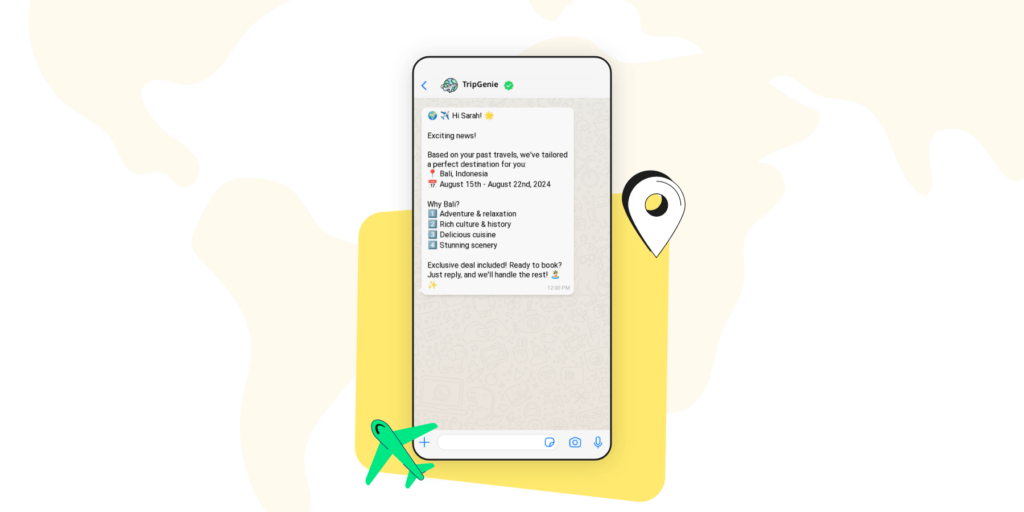 WhatsApp message showing a personalized travel recommendation to a customer