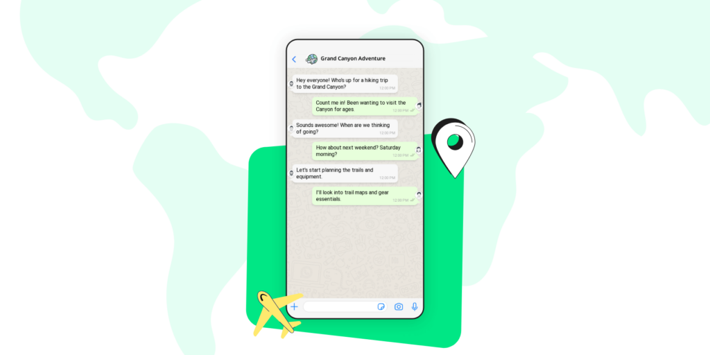 Screenshot of a WhatsApp group chats where friends are planning their trip