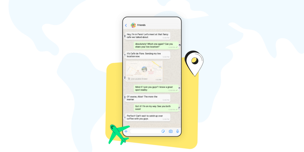 Screenshot of a WhatsApp group where friends are sharing location and meeting points.