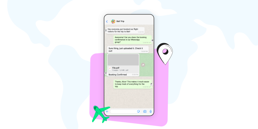 Screenshot of a WhatsApp group chat where friends are sharing travel and itinerary documents