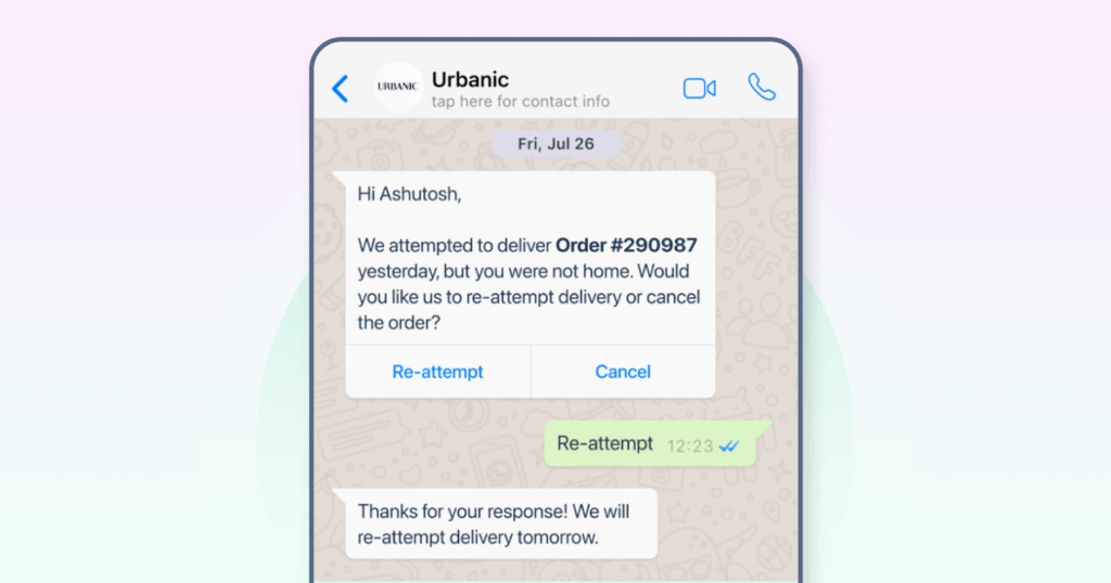Urbanic sending a delivery related WhatsApp message to a customer