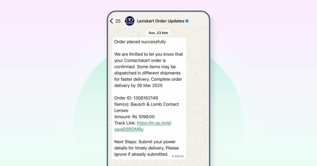Order confirmation message with details from Lenskart