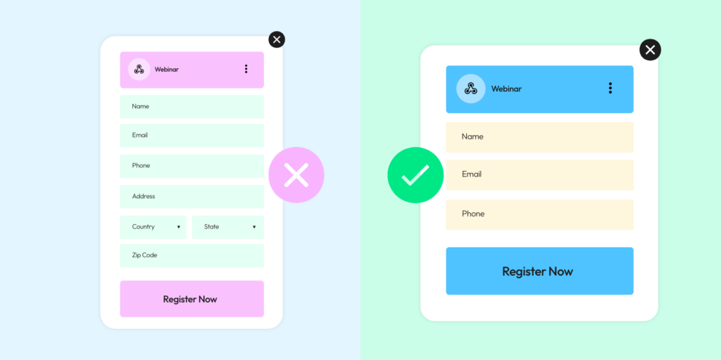 A comparison showing how fewer form fields is efficient