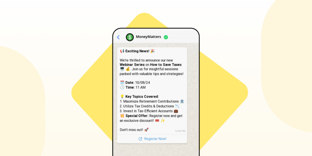A screenshot of an automated WhatsApp broadcast message to increase webinar attendance