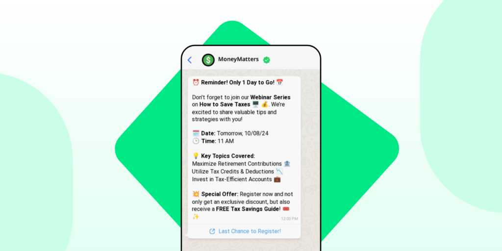 A screenshot of an automated WhatsApp reminder to increase webinar attendance