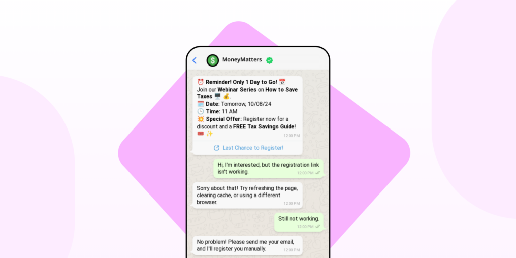 A screenshot of a whatsapp chatbot resolving queries to increase webinar attendance