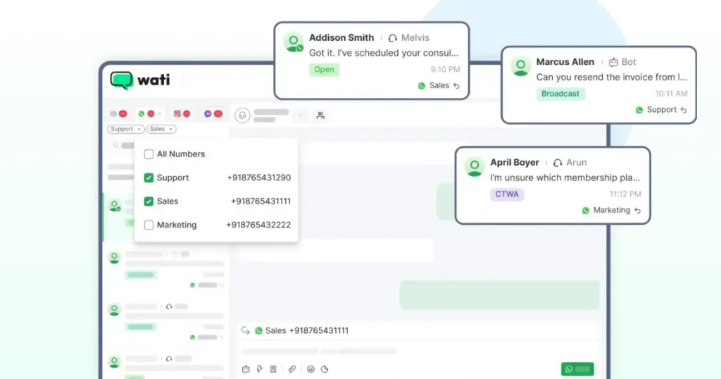 Wati's team inbox with various teams and conversations 