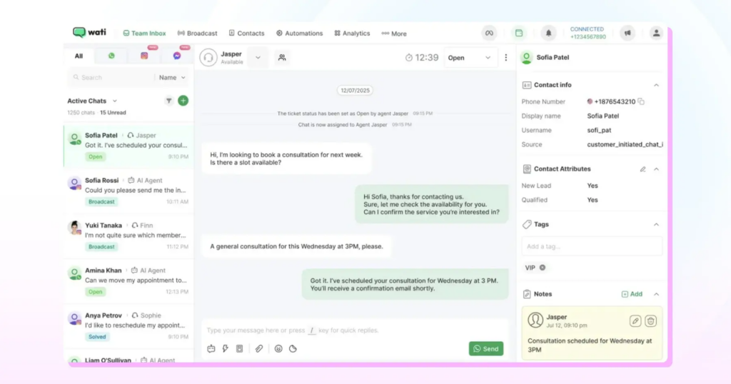 A screenshot of Active chats on Wati's team inbox 