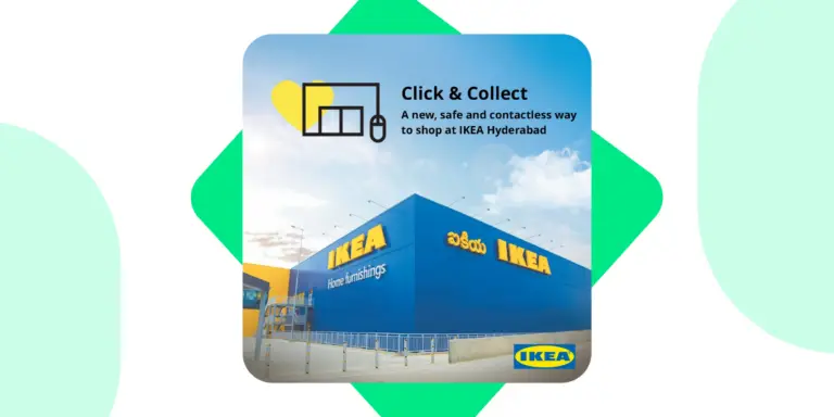 Exterior view of an IKEA store promoting its Click and Collect service for safe and contactless shopping.