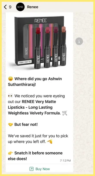 A WhatsApp message from a cosmetics brand reminding a customer about a product they viewed, with an image of a matte lipstick set.
