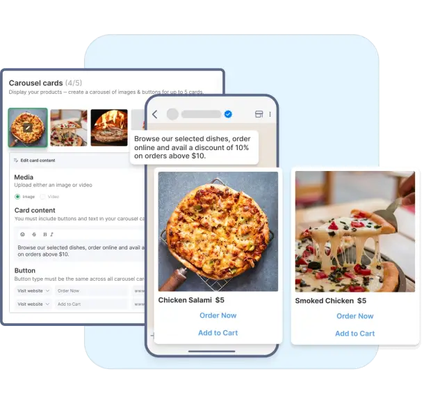 A digital food menu displayed in a carousel format showing pizza images with options to order or add items to the cart.