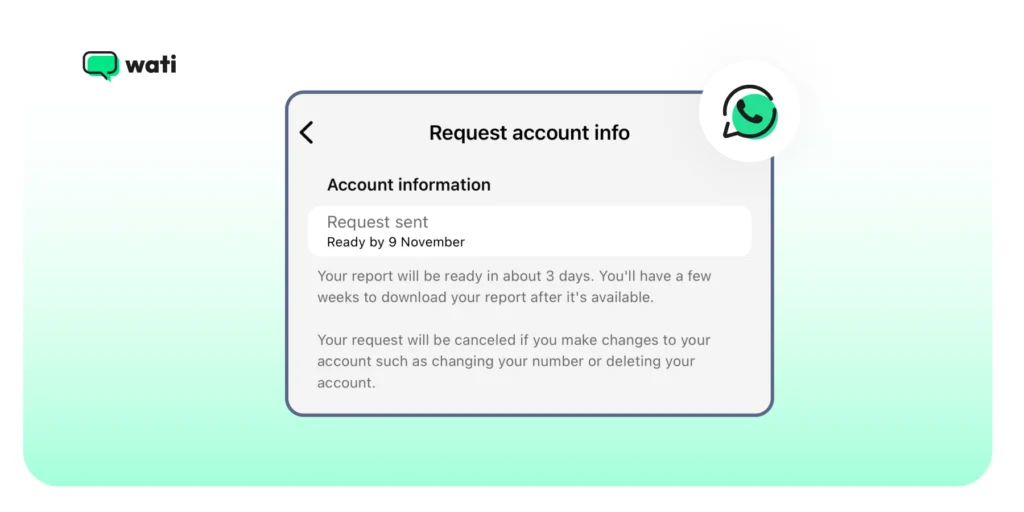 WhatsApp Request Account Info screen showing report request sent and expected ready date.