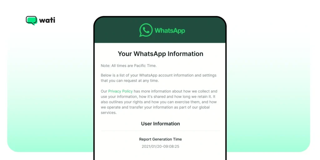 Screenshot of WhatsApp Account Info Report displaying user information and report generation details.