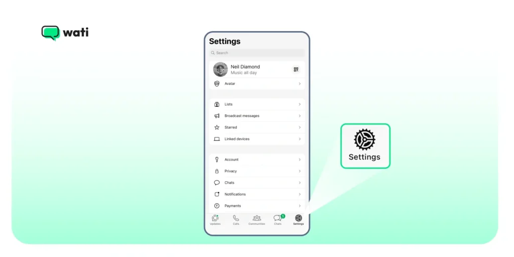 WhatsApp Settings menu with the Account option highlighted for accessing Account Info.