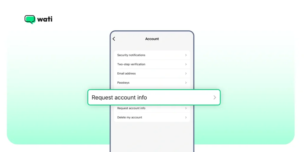 WhatsApp settings screen highlighting the Request Account Info option under the Account section.