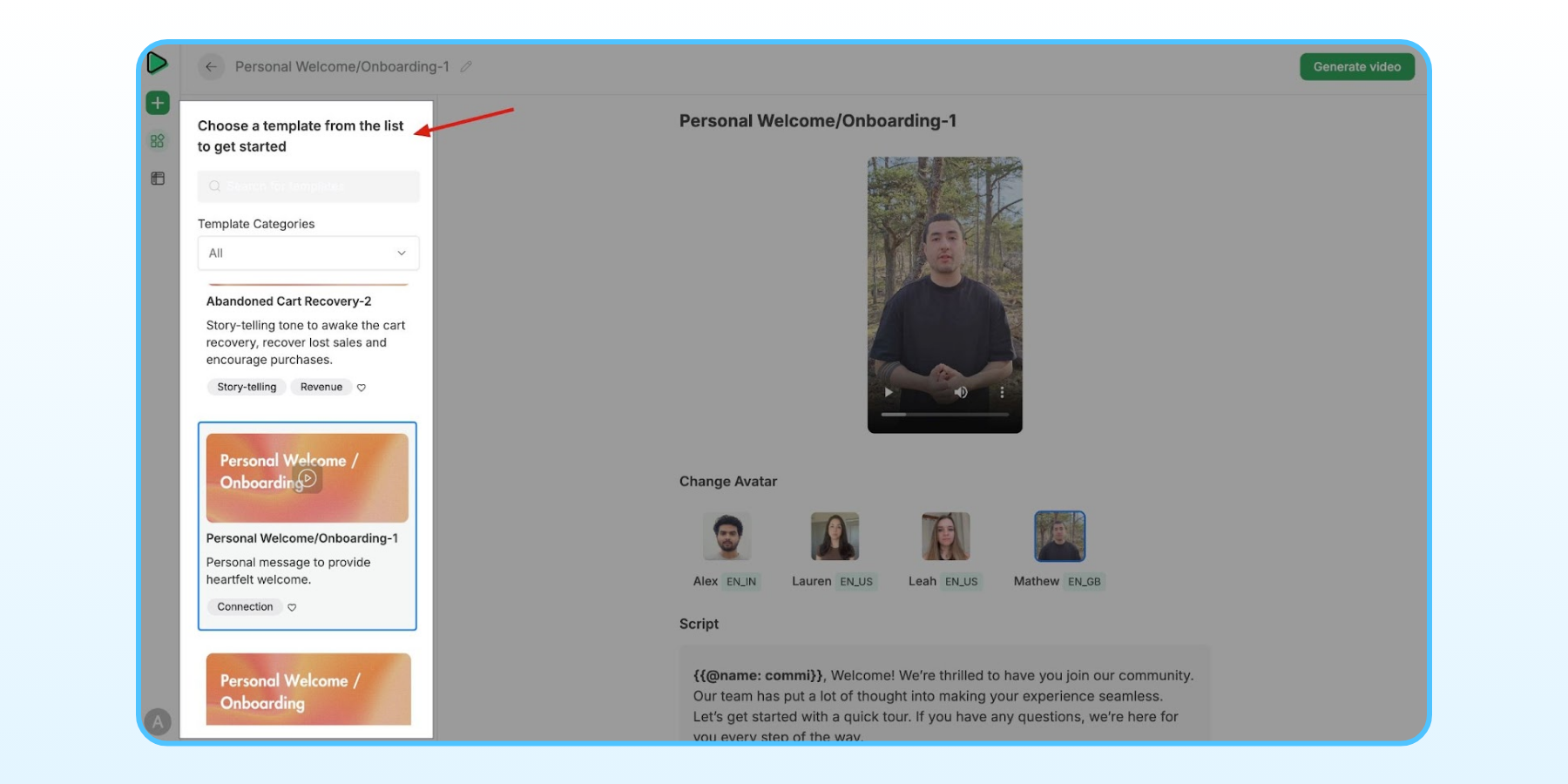 Screenshot of Commi.ai where a user is selecting the template